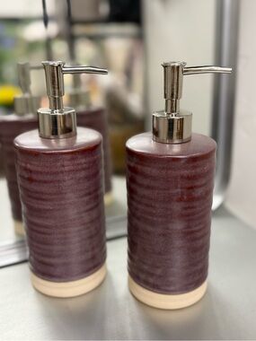 Set of 2 Ceramic Pump Dispenser in Burgundy and Cream - Threshold New